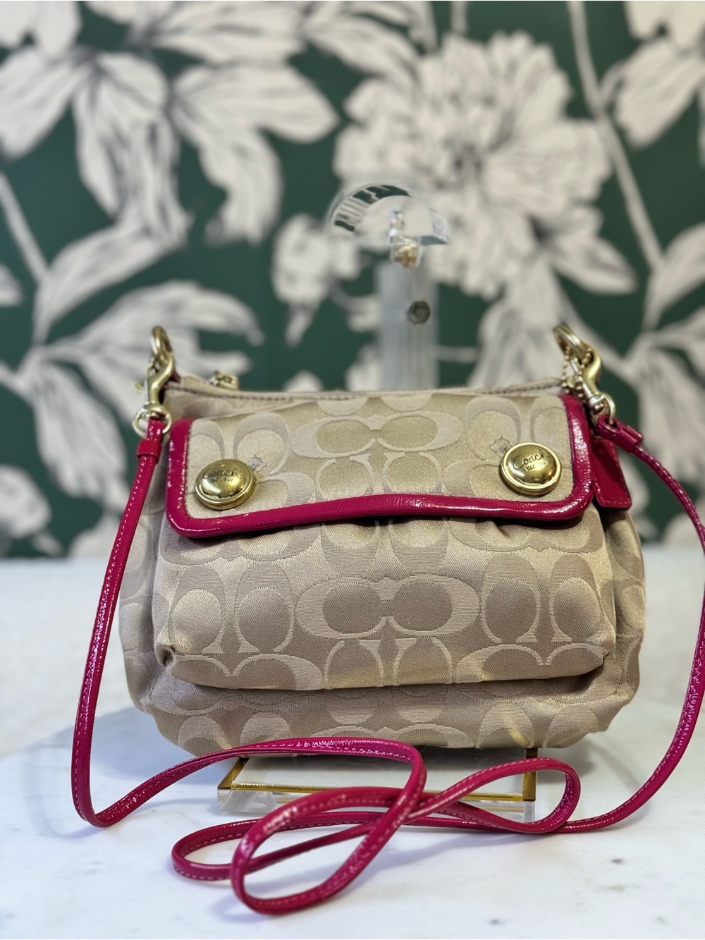 Coach Rare Poppy Tan Signature Canvas Crossbody with Pink Trim EUC